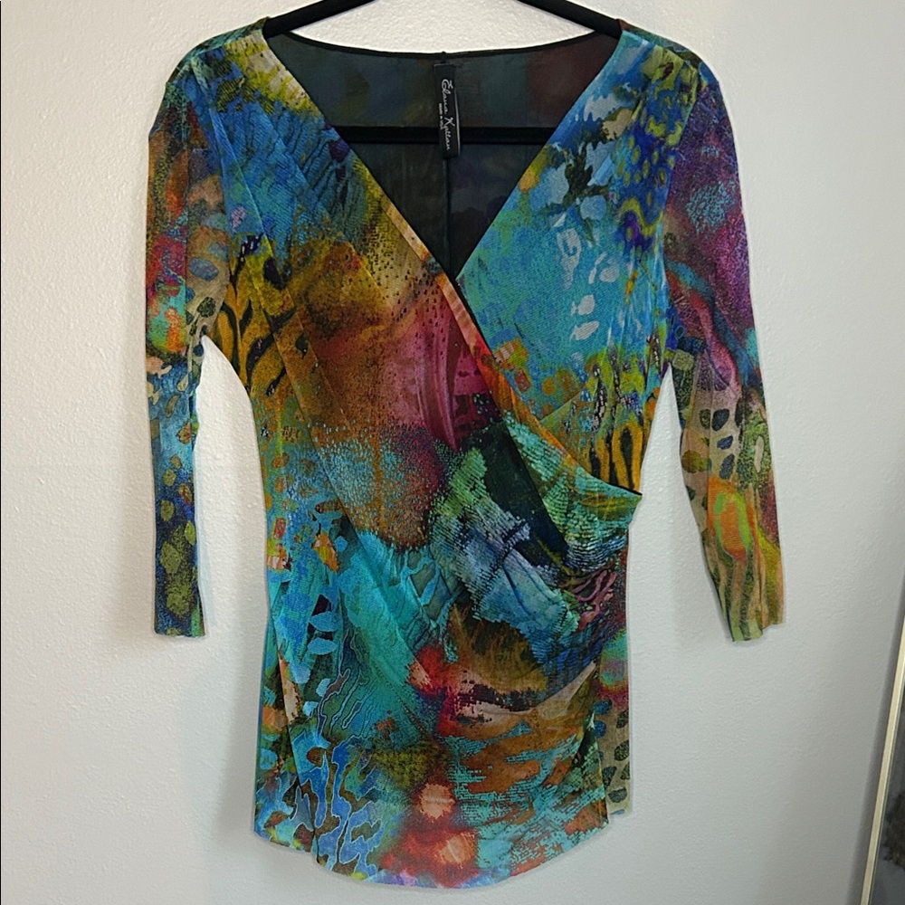 Colorful Abstract Wrap Blouse - Turquoise Multi